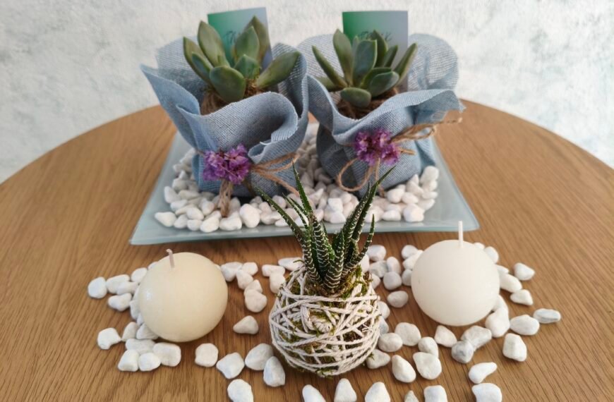 kokedama wedding favours on a table